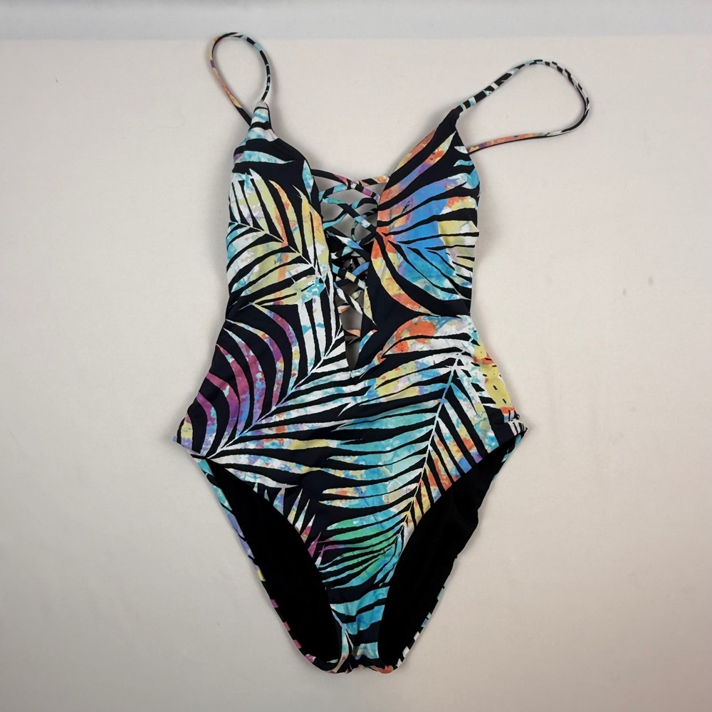 Bar III Womens Small Tropical Palm Leaf Lace Up One Piece Swimsuit Black Small
